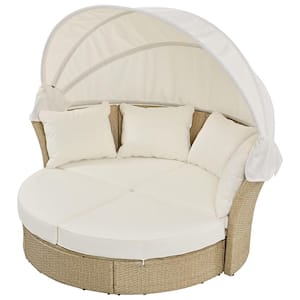 Wicker Outdoor Patio Day Bed with Beige Cushions, Rattan Double Daybed Round Sofa Furniture Set with Retractable Canopy