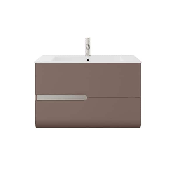 Ways 32 in. Single Sink Floating Mocha Bath Vanity with White Porcelain Top (Assembled)