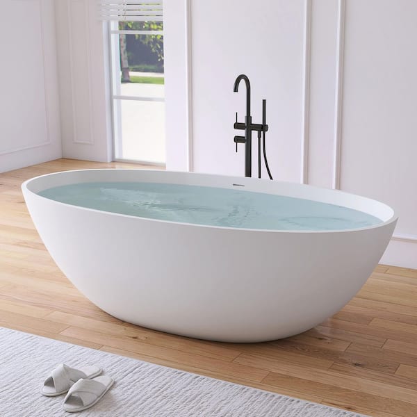 Eaton 71 in. x 35.4 in. Stone Resin Solid Surface Matte Flatbottom Freestanding Soaking Bathtub in White