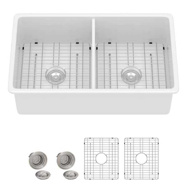 32 in. Dual Mount 50/50 Double Bowl White Fireclay Ceramic Kitchen Sink, Undermount or Drop-in Basin with Accessories