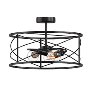 Farmhouse Series 14.57 in. 3-Light Matte Black Semi- Flush Mount with Drum Cage for Bedroom Hallway