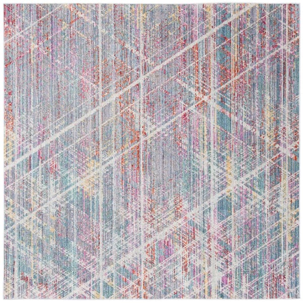 Windsor 6 ft. x 6 ft. Ivory/Aqua Distressed Geometric Square Area Rug