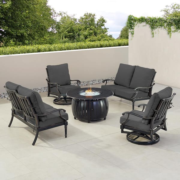Black 5-Piece Aluminum Patio Fire Pit Set with Black Cushions