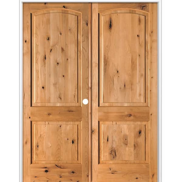 Krosswood Doors 64 in. x 96 in. Rustic 2-Panel Arch Top Left Active Cedar Stain Knotty Alder Wood Double Prehung Interior Door