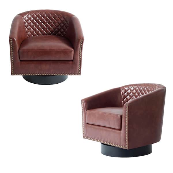 Uixe Mid-Century Red Brown PU Leather 360° Swivel Accent Arm Chair with Nailhead Trim (Set of 2)