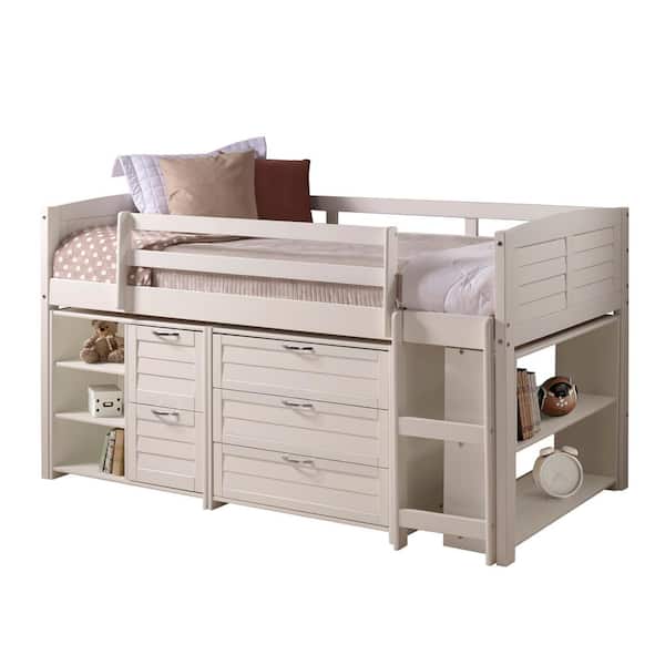 Donco Kids White Twin Louver Low Loft Bed with 3 and 2-Drawer