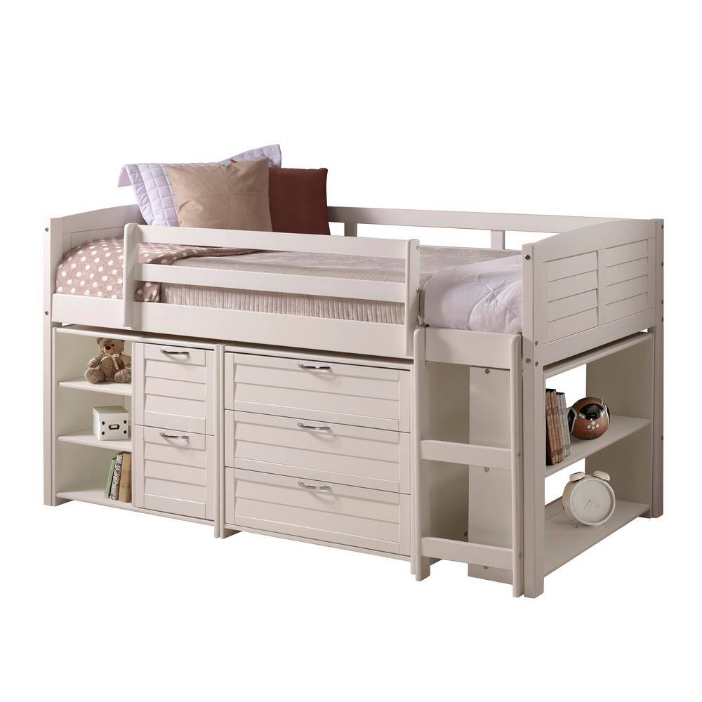 Donco Kids White Twin Louver Low Loft Bed With 3 And 2-Drawer Chests ...