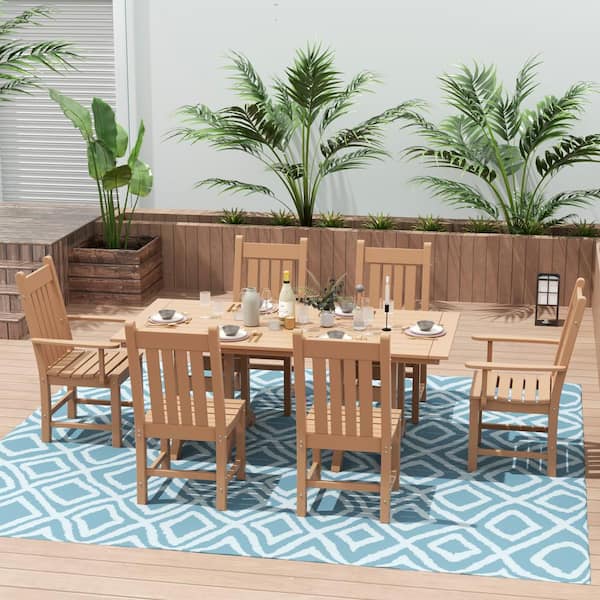 WESTIN OUTDOOR Hayes 7-Piece HDPE Plastic Outdoor Patio Rectangle Table Dining Set with Arm and Side Chairs in Teak