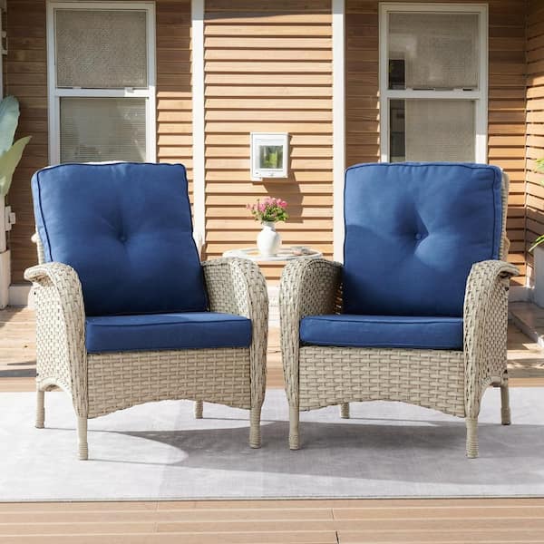 Carlos 2-Piece Light Beige Wicker Patio Club Chair Outdoor Lounge Chair with Blue Thick Deep Cushions