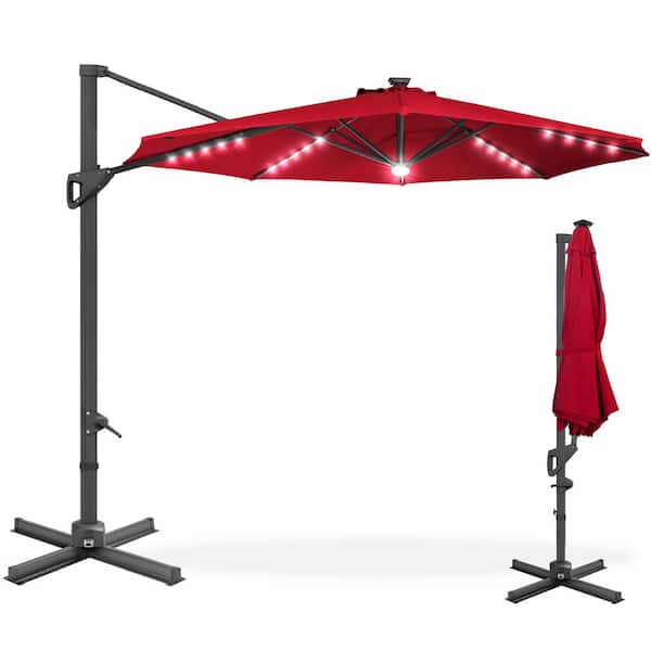 Best Choice Products 10 ft. 360-Degree Solar LED Cantilever Patio Umbrella, Outdoor Hanging Shade with Lights in Red