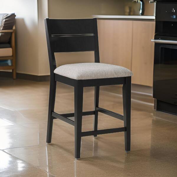 Benjara 24 in. Black and Gray Low Back Wood Frame Bar Stool with Fabric Seat (Set of 2)