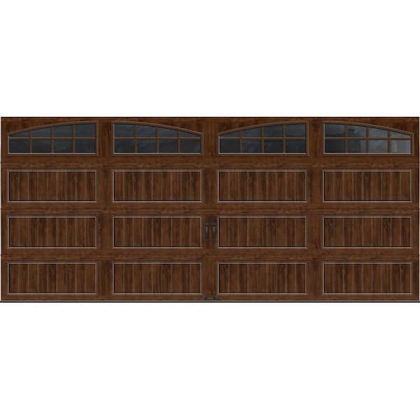 Clopay Gallery Steel Long Panel 16 ft x 7 ft Insulated 6.5 R-Value Wood Look Walnut Garage Door with Arch Windows