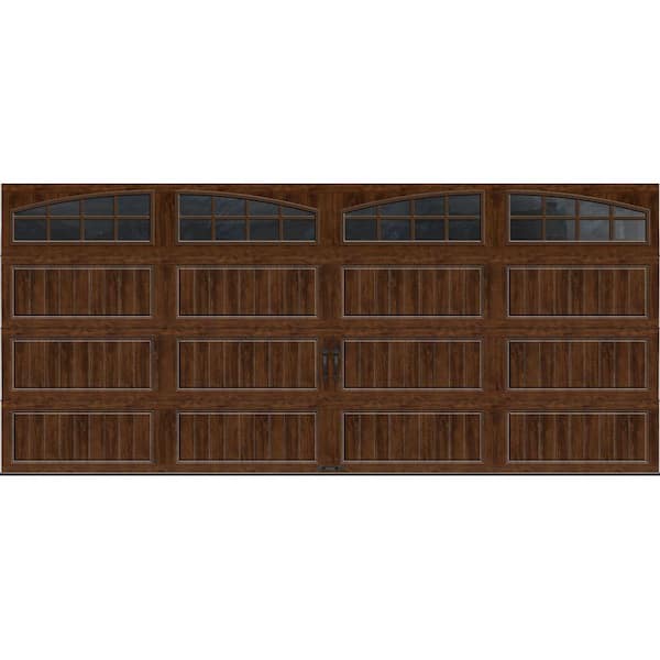 Clopay Gallery Steel Long Panel 16 ft x 7 ft Insulated 18.4 R-Value Wood Look Walnut Garage Door with Arch Windows