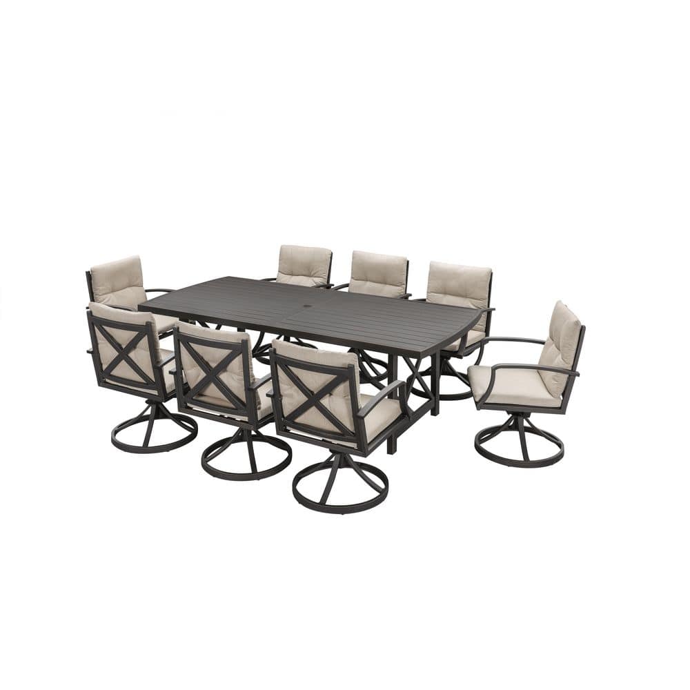 "9-Piece Black Aluminum Slat Outdoor Dining Set with 84.5"" Rectangular Table,8 Swivel chairs with Gray Cushions" price history on PriceWatchPro