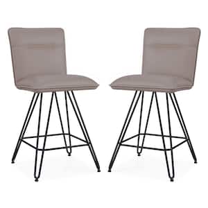 37 in. H Taupe Brown and Black Leather Counter Height Stool with Metal Hairpin Legs (Set of 2)