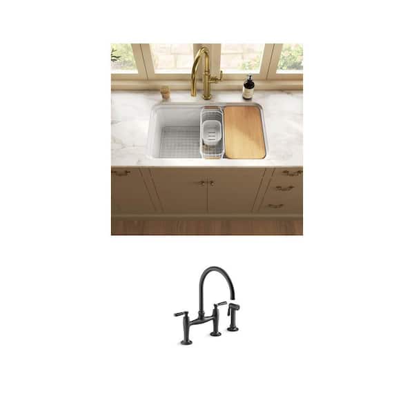 Audrine 30 in. Fireclay Kitchen Sink and Edalyn Matte Black Bridge Kitchen Faucet Combo