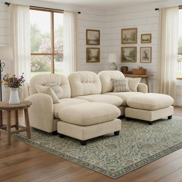 PMOB 107 in. Round Arm 5-piece Chenille Modular Tufted Backrest with 2 Ottomans Sectional Sofa in Oatmeal