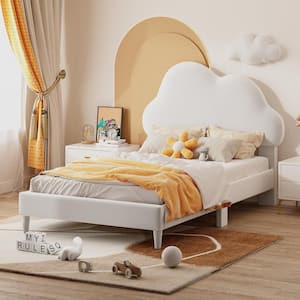 Beige Wood Frame Twin Size Soft Velvet Upholstered Platform Bed with Cloud-Shape Headboard