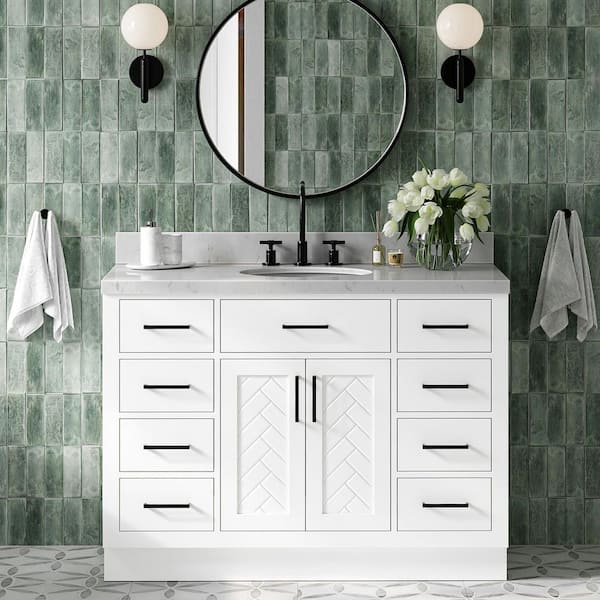 Herringbone 48 in. Single Sink Freestanding Bath Vanity in White with and Carrara Quartz Top
