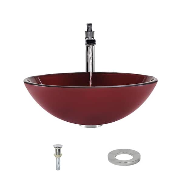 MR Direct Glass Vessel Sink in Hand Painted Red with 731 Faucet and Pop-Up Drain in Chrome