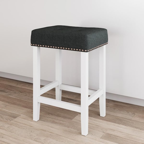 Nathan James Hylie 24 in. Tufted Gray Nailhead Saddle Cushion White Wood Counter Height Bar Stool
