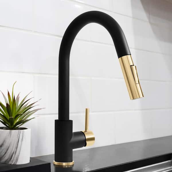 Autograph Edition 15 in. Gemini Pull Down Single Handle Kitchen Faucet in Matte Black and Champagne Bronze