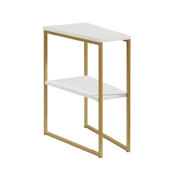 Benjara 20 in. White and Gold Trapezoidal Wood End/Side Table with Metal Frame
