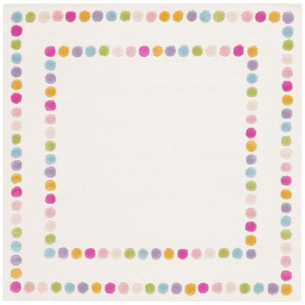 Kids 5 ft. x 5 ft. Ivory/Pink Polka-Dot Border Square Area Rug