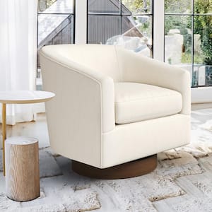 Beige Swivel Accent Chair with Solid Wood Base Barrel Chairs Swivel for Livingroom