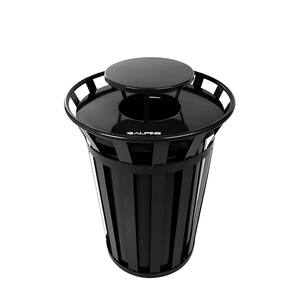 38 Gal. Black Outdoor Metal Slatted Commercial Trash Receptacle with Rain Bonnet Lid Trash Can