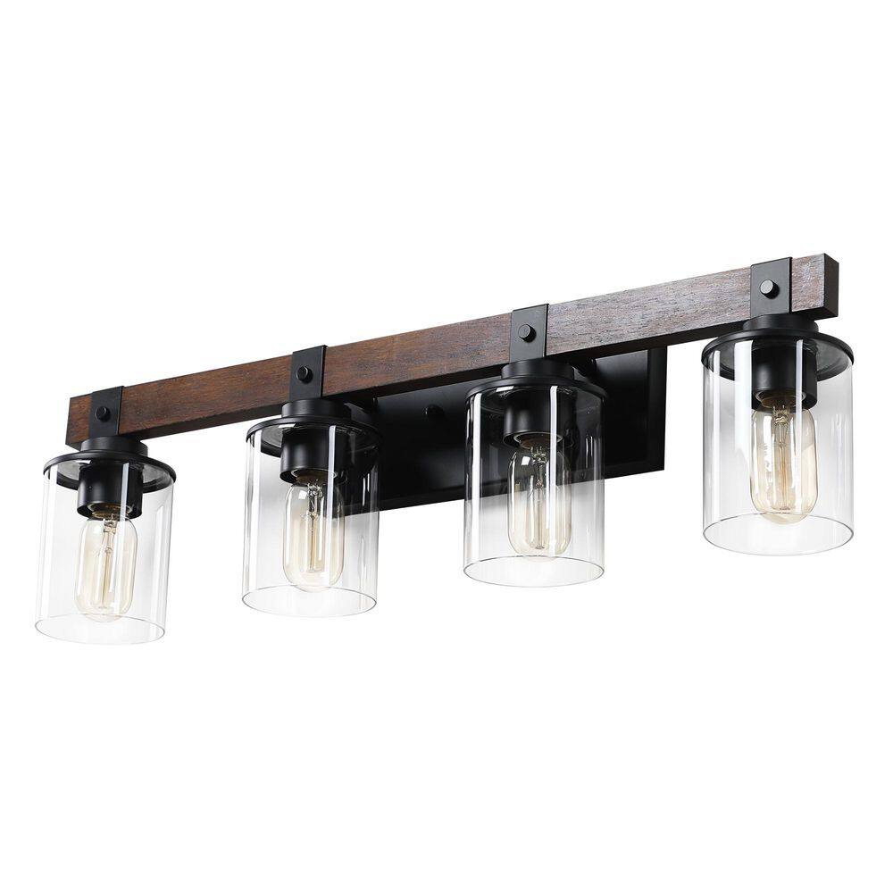 Farmhouse 27.2 in. 4-Light Walnut and Black Bathroom Vanity Light with Glass Shade price history on PriceWatchPro