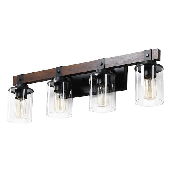 HKMGT Farmhouse 27.2 in. 4-Light Walnut and Black Bathroom Vanity Light with Glass Shade