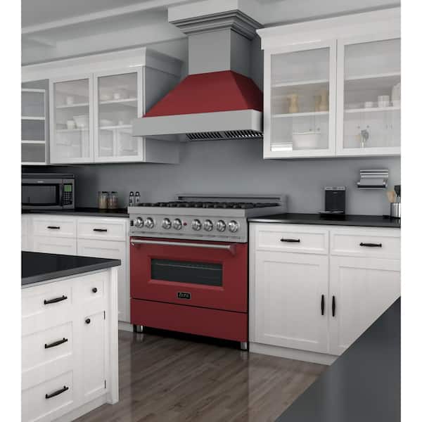 36 in. Legacy Dual Fuel Range with 6 Burners and Electric Convection Oven in Satin Stainless Steel and Red Matte Door