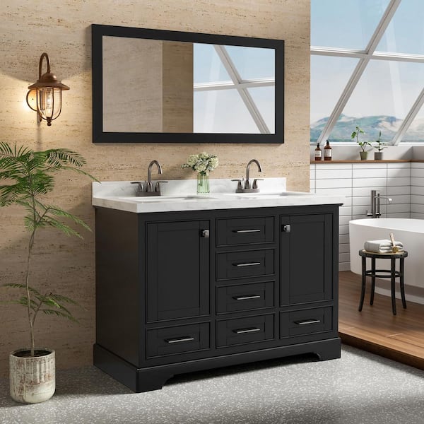 48 in. W x 21.7 in. D x 33.5 in. H Double Sink Freestanding Bath Vanity in Black with White Ceramic Top(Assembled)
