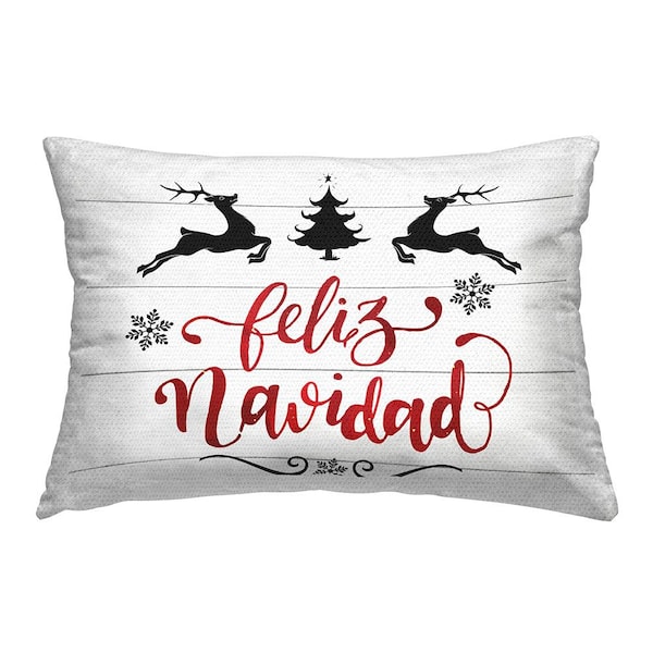 Feliz Navidad Holiday Reindeer White Rectangular Outdoor Throw Pillows
