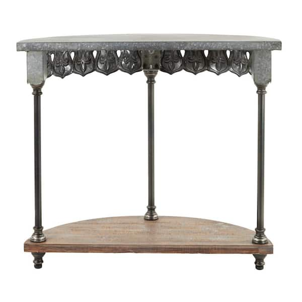 Litton Lane Small Black Silver And Gold Metal Half Circle Console Table With Fleur De Lis Designs And Wood Shelf 36 In X 32 In 90035 The Home Depot