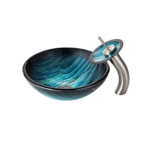 Ladon Glass Vessel Sink in Blue with Waterfall Faucet in Satin Nickel
