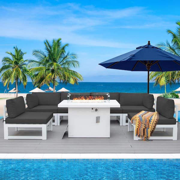 FINCATI White 7-Piece Luxury Aluminum Patio Fire Pit Seating Set, Dark Grey Cushions