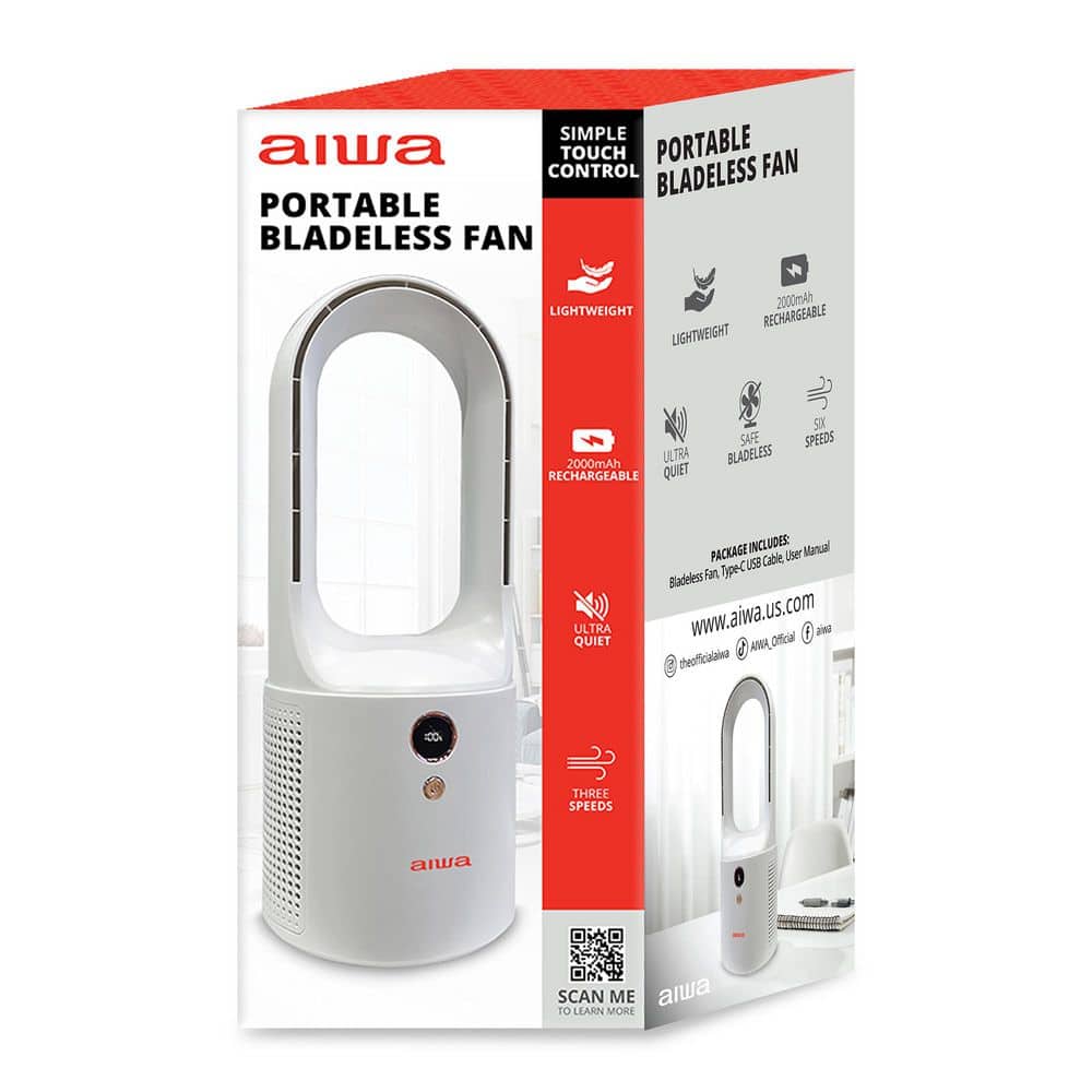 13 in. Portable Bladeless White Desk Fan, Rechargeable, 6 Speeds, Ultra Qui