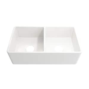 33 in. Farmhouse/Apron-Front Double Bowl White Fireclay Kitchen Sink with Bottom Grid