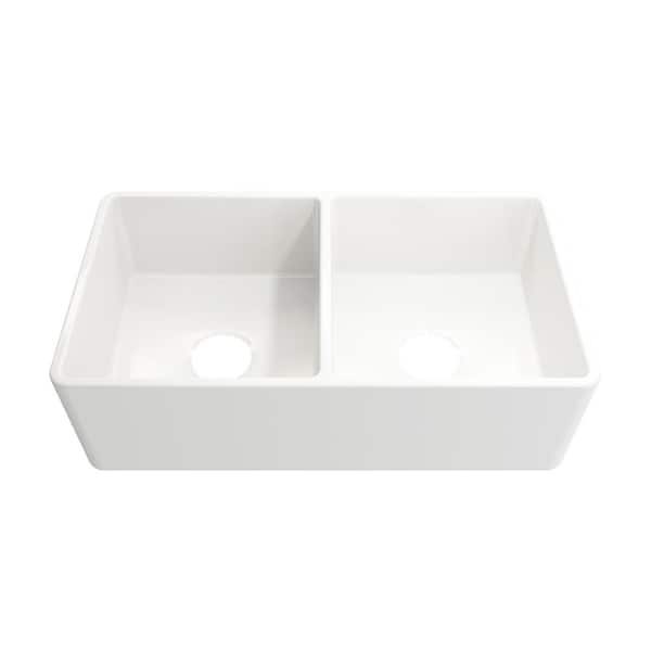 Glacier Bay 33 in. Farmhouse/Apron-Front Double Bowl White Fireclay Kitchen Sink with Bottom Grid