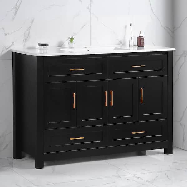 48 in. Single sink Four Doors Four Drawers Freestanding Black Bath Vanity with White Ceramic Top Unassembled
