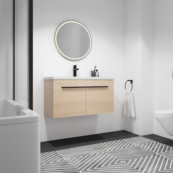 EAKYHOM 36 in. W x 18 in. D x 21 in. H Single Sink Wall Mounted Floating Bath Vanity in Imitative Oak with White Resin Top