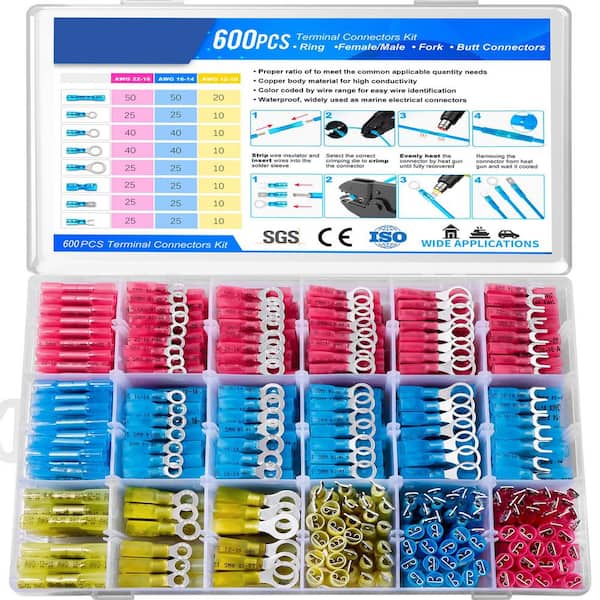 600-Piece Heat Shrink Wire Connectors Kit, Waterproof Electrical Terminals, Insulated Crimp Connectors