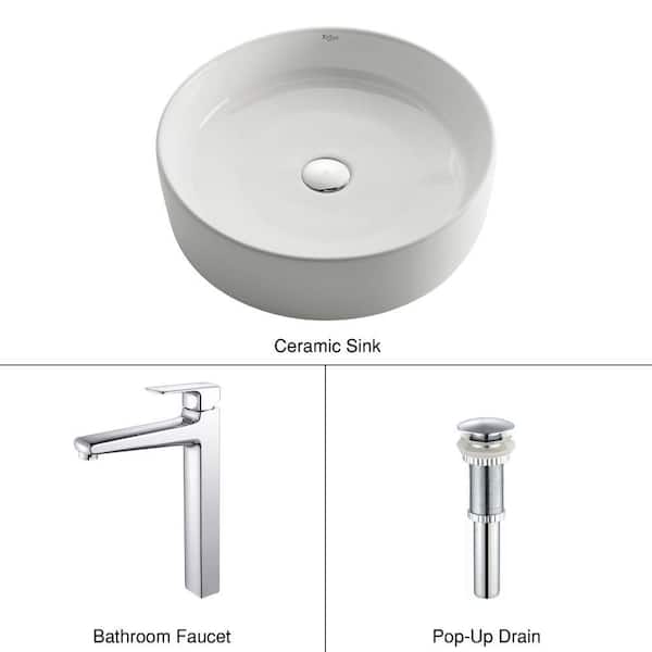 KRAUS Round Ceramic Vessel Sink in White with Virtus Faucet in Chrome