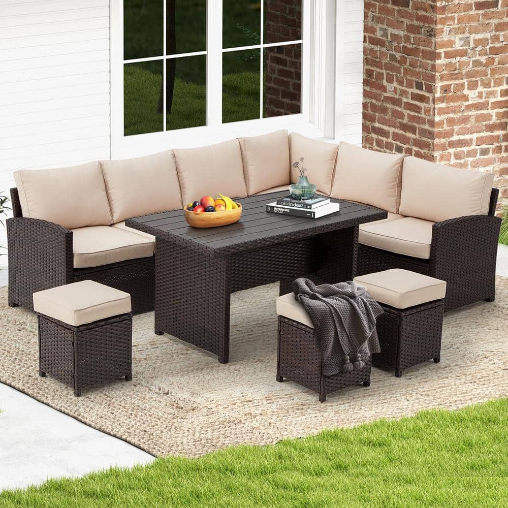 7 Piece Hand-Woven Wicker Sofa Sectional Set with Khaki Cushion,for Garden,
