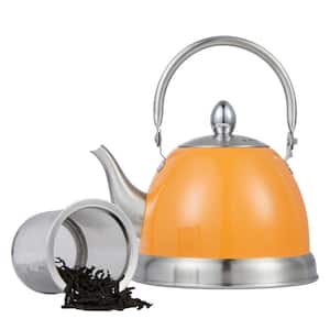 4 Cups Orange Stainless Steel Tea Kettle Teapot with Folding Handle, Removable Infuser Basket for Loose Tea Leaves