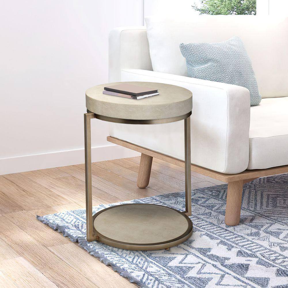 Round White and Gold Metal Side Table with Faux Shagreen Top