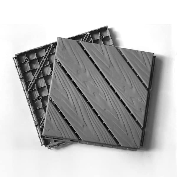Tunearary 12 in. x 12 in. Outdoor Garden Diagonal Stripe Dark Gray Interlocking Plastic Composite Decking Tiles, DIY, 35 Pieces