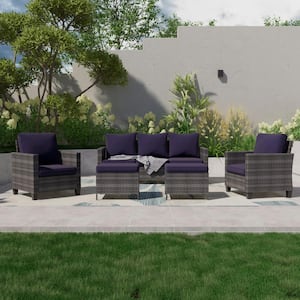 5-Piece Outdoor Patio Conversation Set Widened Back and Arm Grey Rattan 3-Seat Sofa 2-Ottomans, Navy Blue